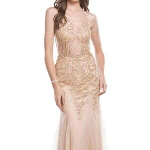 NWT Aspeed Design L1634 Mesh & Sheer Prom Dress Champagne Gold Size XXS